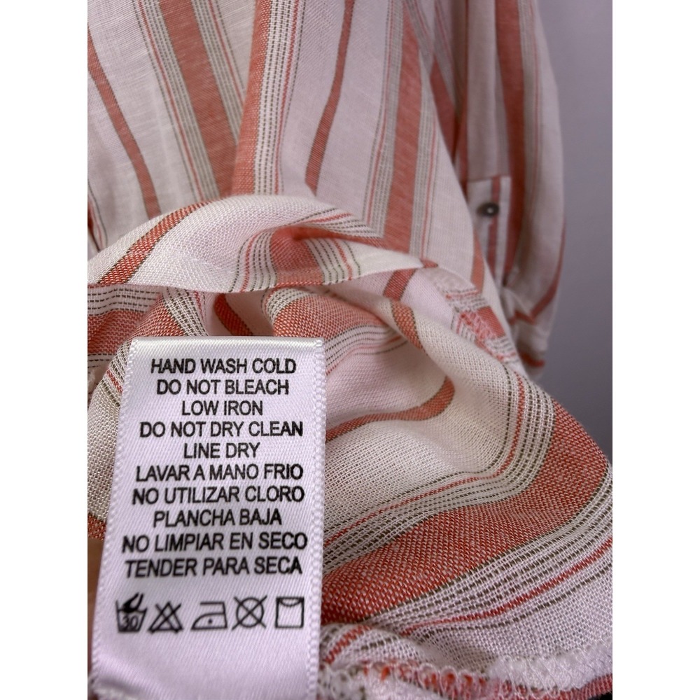 Staccato L Coral White Stripe Hi Lo Button Blouse Shirt Hem Roll Tab Slv Linen - Picture 8 of 10